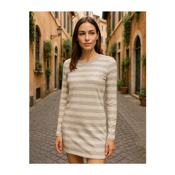 Michael Kors Sequin Stripe Mini Dress Womens Large Long Sleeves Gray - Picture 1 of 9